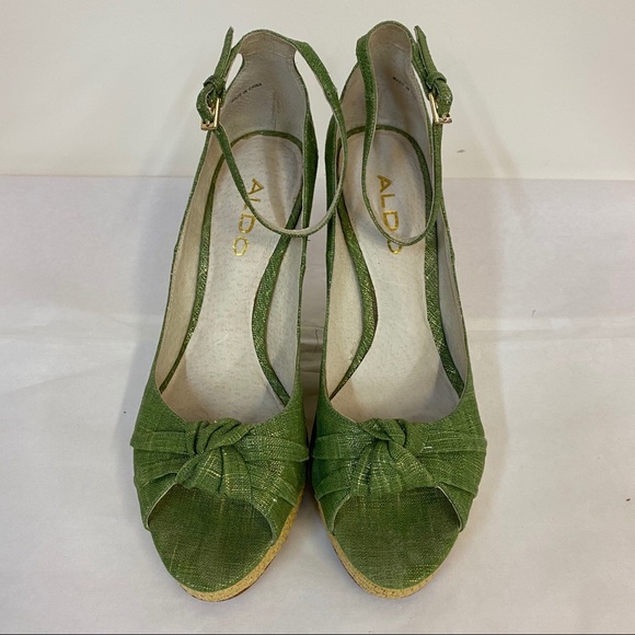 Aldo Green Gold Straw Wedge Ankle Strap Shoes - Picture 5 of 9